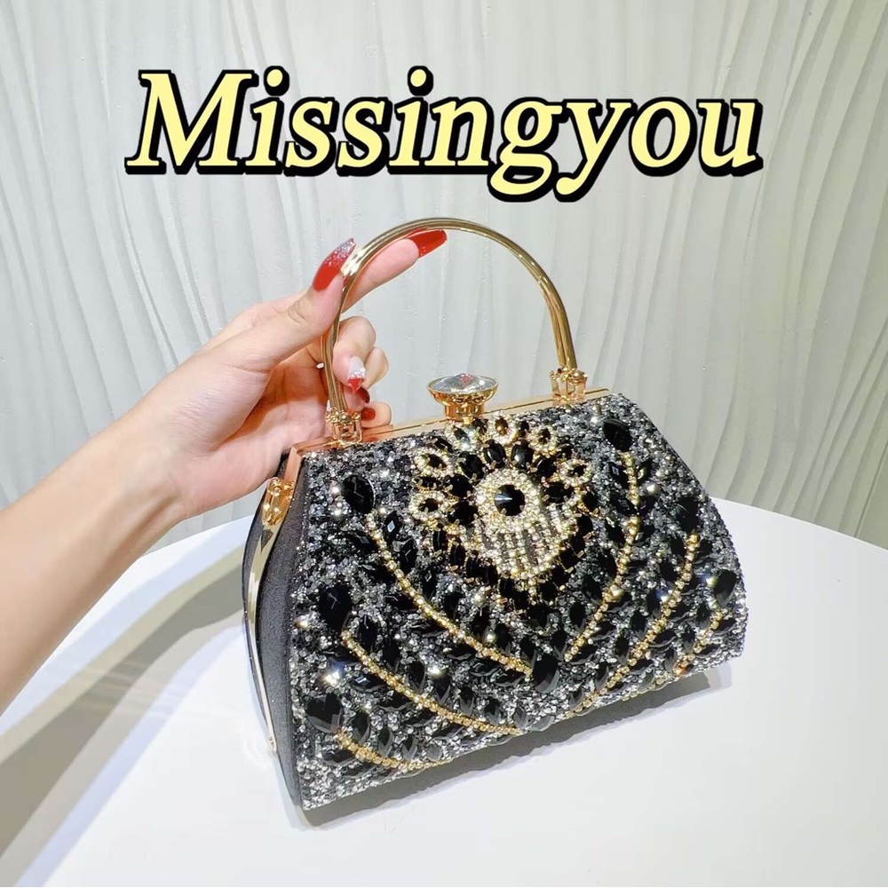 Elegant Black Jeweled Evening Handbag with Gold Handle